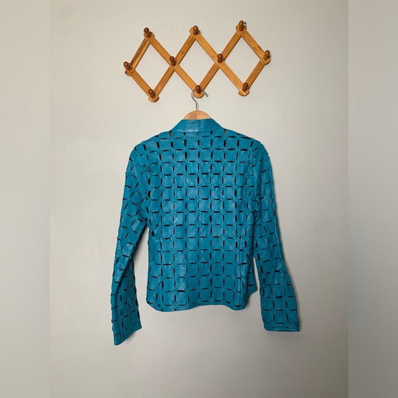 Women’s Akhesa Black Mesh Blue Leather Fitted Moto Jacket SZ M - Picture 2 of 8